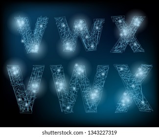 Vector Neuron Network Alphabeth. Neuron Letters and Numbers. Glowing Alphabeth