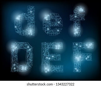 Vector Neuron Network Alphabeth. Neuron Letters and Numbers. Glowing Alphabeth
