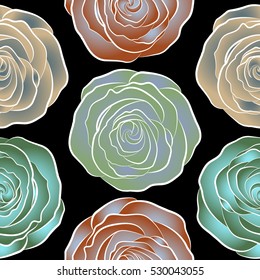 Vector neutral, blue and green rose flowers seamless pattern.