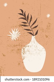 Vector neutral minimal botanical wall art print illustration. Brown beige terracotta colors mid century modern vintage artwork home decor. Mystic boho twig in a jar still life