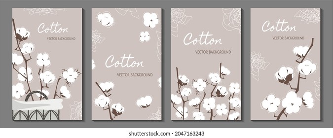 Vector neutral soft vertical backgrounds set with cotton flowers branches and abstract line elements