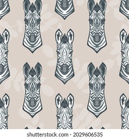 Vector Neutral Zebras on Soft Beige qith floral Motif seamless pattern background. Perfect for fabric, wallpaper and scrapbooking projects.