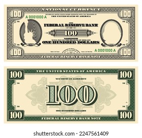 Vector new 100 dollars banknote. Obverse and reverse of US paper money in retro style with ovals. Ribbons with inscriptions, Liberty and Franklin.