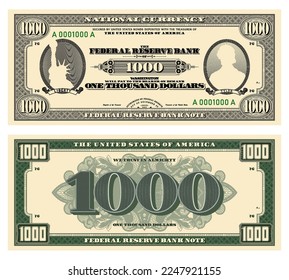 Vector new 1000 dollars banknote. Obverse and reverse of US paper money in retro style with ovals. Ribbons with inscriptions, Liberty and Tyler.