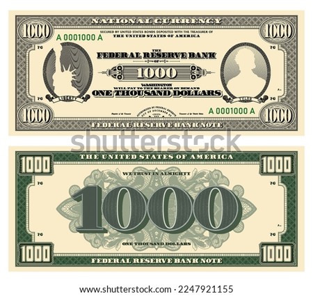 Vector new 1000 dollars banknote. Obverse and reverse of US paper money in retro style with ovals. Ribbons with inscriptions, Liberty and Tyler.