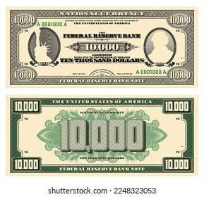 Vector new 10000 dollars banknote. Obverse and reverse of US paper money in retro style with ovals. Ribbons with inscriptions, Liberty and Chase.