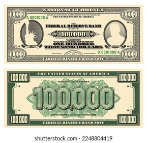 Vector new 100000 dollars banknote. Obverse and reverse of US paper money in retro style with ovals. Ribbons with inscriptions, Liberty and Wilson.