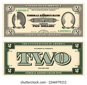 Vector new 2 dollars banknote. Obverse and reverse of US paper money in retro style with ovals. Ribbons with inscriptions, Liberty and Jefferson.