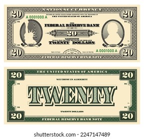 Vector new 20 dollars banknote. Obverse and reverse of US paper money in retro style with ovals. Ribbons with inscriptions, Liberty and Jackson.