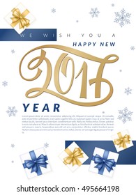 vector new 2017 year greetings poster with hand lettering number and bunch of gifts.