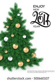 vector new 2017 year greetings poster with hand lettering number and big christmas tree, decorated white and golden ornaments.