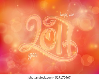 vector new 2017 year greetings poster with hand lettering neon number on a blur background.