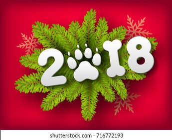 Vector new 2018 year of dog front calendar page template design, Christmas tree branches and golden snowflakes on red background, greeting card, winter holiday typography poster