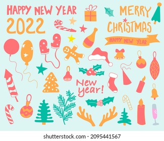 Vector New 2022 year and Christmas holiday colored design elements  - vector illustration, eps stock illustration