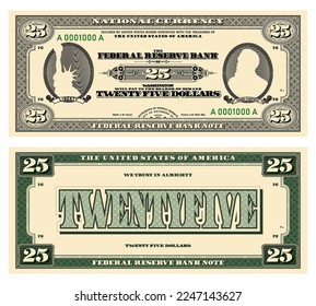 Vektorneue Banknote von 25 Dollar. Gegenüber dem US-amerikanischen Papiergeld im Retro-Stil mit Eiern. Ribbons mit Inschriften, Freiheit und Garfield.