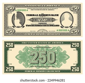 Vector new 250 dollars banknote. Obverse and reverse of US paper money in retro style with ovals. Ribbons with inscriptions, Liberty and Hayes.