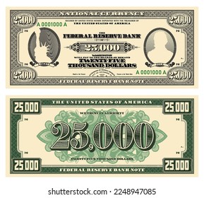 Vector new 25000 dollars banknote. Obverse and reverse of US paper money in retro style with ovals. Ribbons with inscriptions, Liberty and Polk. svg