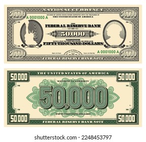 Nuevo billete de 50000 dólares. Inverso y reverso del dinero de papel estadounidense en estilo retro con ovaciones. Cintas con inscripciones, Liberty y Martin Van Buren.