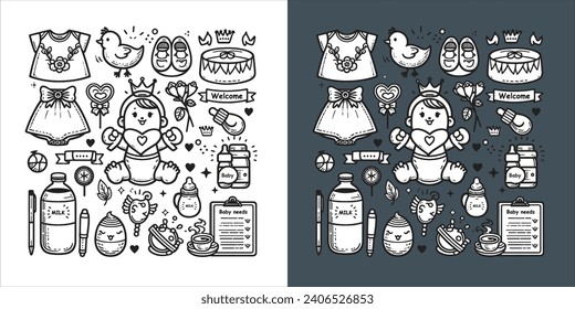 Vector new Baby Born Doodle Line Art Illustration. a playful set of baby icons
Hand Drawn Vector Clip Art. 