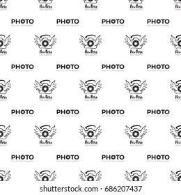 Vector new born photography and camera shutter logo seamless pattern. Photo studio hand drawn design elements, signs, logos, identity, labels, badges, branding objects for business. White background.