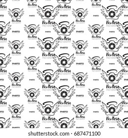 Vector new born photography and camera shutter logo seamless pattern. Photo studio hand drawn design elements, signs, logos, identity, labels, badges, branding objects for business. White background.
