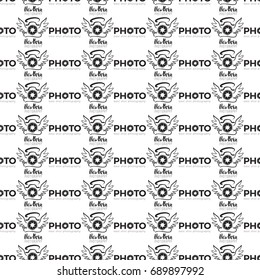 Vector new born photography and camera shutter logo seamless pattern. Photo studio hand drawn design elements, signs, logos, identity, labels, badges, branding objects for business. White background.
