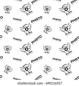 Vector new born photography and camera shutter logo seamless pattern. Photo studio hand drawn design elements, signs, logos, identity, labels, badges, branding objects for business. White background.