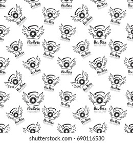 Vector new born photography logo seamless pattern. Photo studio hand drawn design elements, signs, logos, identity, labels, badges, branding objects for business. Black sketch on white background.