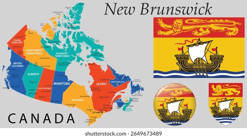 Vector of New Brunswick coat of arms, flag and map. Ideal for Canadian-themed projects, education, government use, and regional identity graphics.