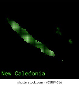 Vector New Caledonia map dotted silhouette with green dots on a black background (as on old ancient computers running DOS)