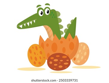 vector new crocodile cubs are born from egg shells, which are full of eggs. flat and vector design illustrations