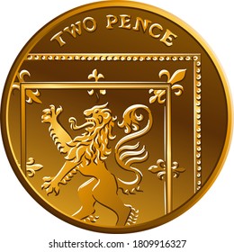 Nuevo diseño vectorial de la moneda británica de oro Dos piñones o dos centavos, reverso con Segmento del Escudo Real