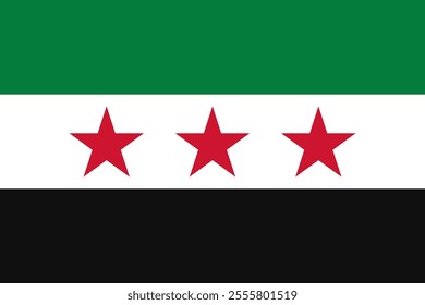 Vector new flag of Syrian Arab Republic. Approved on December 8, 2024. Three stars and a green, white, black tricolor. New Syria.