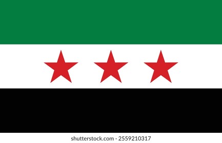 Vector new flag of Syrian Arab Republic. Waving three-star banner of Syria. National symbol of new arabic country.