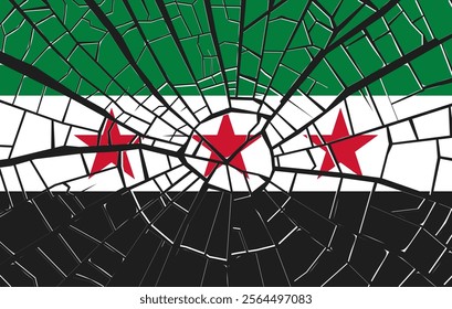 Vector new flag of Syrian Arab Republic broken, in cracks. Approved on December 8, 2024. Three stars and green white black tricolor. New Syria.