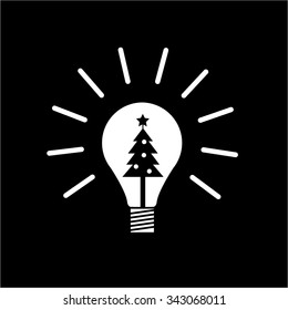 Vector new idea bulb icon with christmas tree inside | white flat design pictogram illustration and infographic isolated on black background