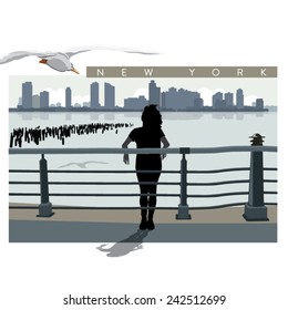 Vector New Jersey view from Battery Park with a standing woman silhouette