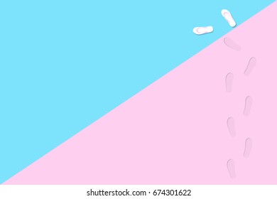 vector new life, slippers rubber types footprint on blue pink pastel color background. concept is living the life