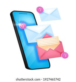 Vector new message notification icon, email alert, chat notice illustration with smartphone screen. Isolated mobile reminder web concept, envelopes, number one. Online message push notification logo