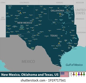 Vector of New Mexico, Oklahoma and Texas states of United States with large cities