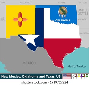Vector of New Mexico, Oklahoma and Texas states of United States with their flags inside borders