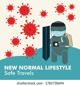 Vector de nuevo estilo normal para el viajero. Estar seguros para los viajeros con protocolos de distanciamiento social, como máscaras y mascarillas