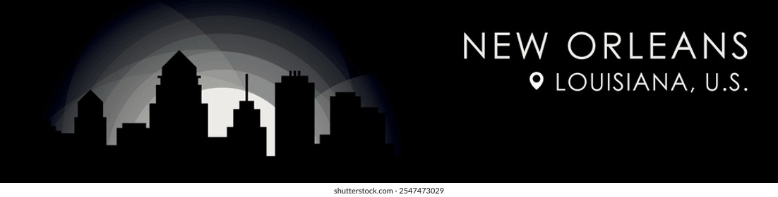 Vector New Orleans, Louisiana cityscape banner. Black and white placard USA state profile picture for header, footer