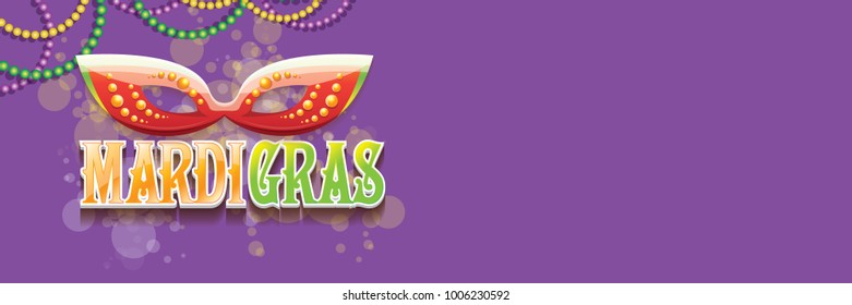 vector new orleans mardi gras vector violet horizontal banner background with blur lights, carnival mask and text. vector mardi gras party or fat tuesday purple poster design template