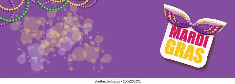 vector new orleans mardi gras vector violet horizontal banner background with blur lights, carnival mask and text. vector mardi gras party or fat tuesday purple poster design template