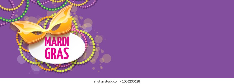 vector new orleans mardi gras vector violet horizontal banner background with blur lights, carnival mask and text. vector mardi gras party or fat tuesday purple poster design template