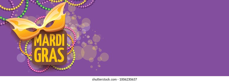 vector new orleans mardi gras vector violet horizontal banner background with blur lights, carnival mask and text. vector mardi gras party or fat tuesday purple poster design template