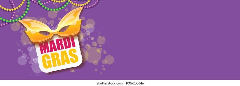 vector new orleans mardi gras vector violet horizontal banner background with blur lights, carnival mask and text. vector mardi gras party or fat tuesday purple poster design template