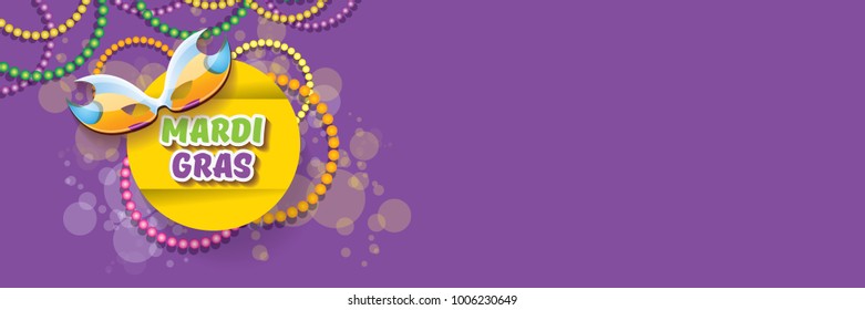 vector new orleans mardi gras vector violet horizontal banner background with blur lights, carnival mask and text. vector mardi gras party or fat tuesday purple poster design template