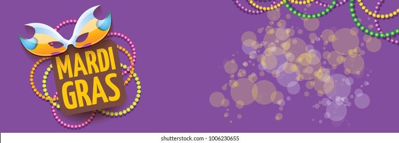 vector new orleans mardi gras vector violet horizontal banner background with blur lights, carnival mask and text. vector mardi gras party or fat tuesday purple poster design template